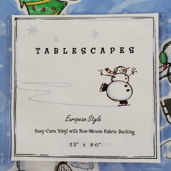 Vinyl Snowman Tablecloth 52" x 90" Oblong Christmas Holiday Blue Fabric Backing - Picture 6 of 6